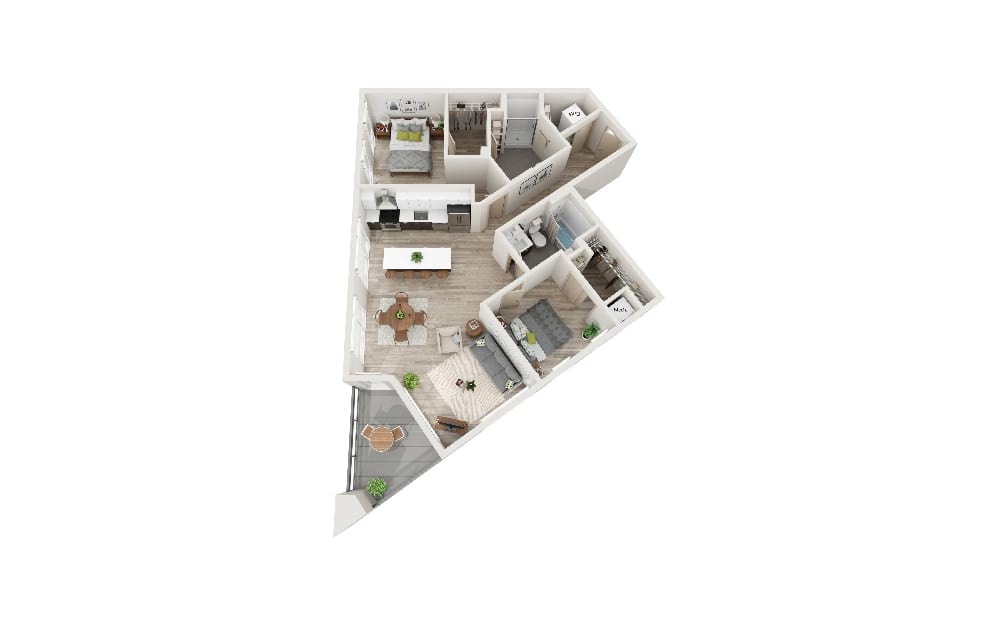 A - 2 bedroom floorplan layout with 2 bathrooms and 1086 square feet (3D)