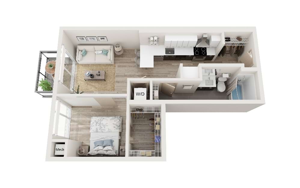 B - 1 bedroom floorplan layout with 1 bathroom and 613 square feet (3D)