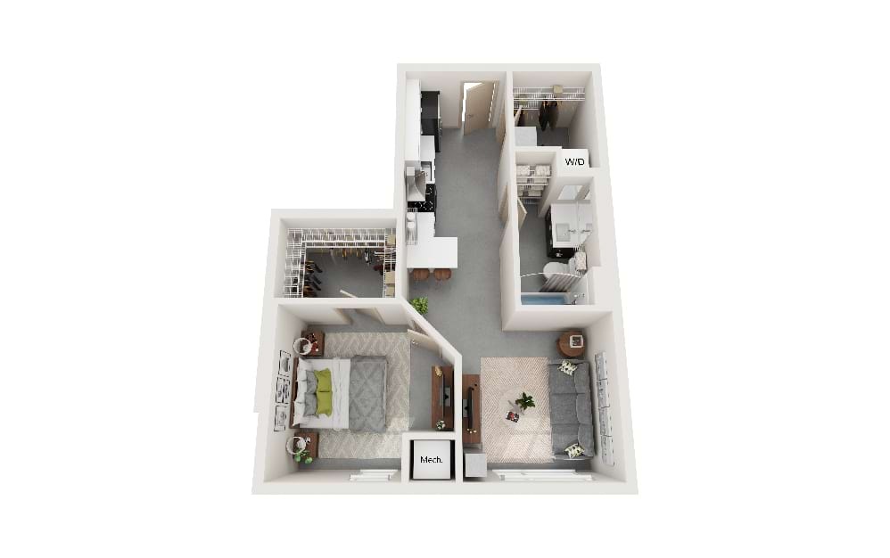 BB - 1 bedroom floorplan layout with 1 bathroom and 591 square feet (3D)