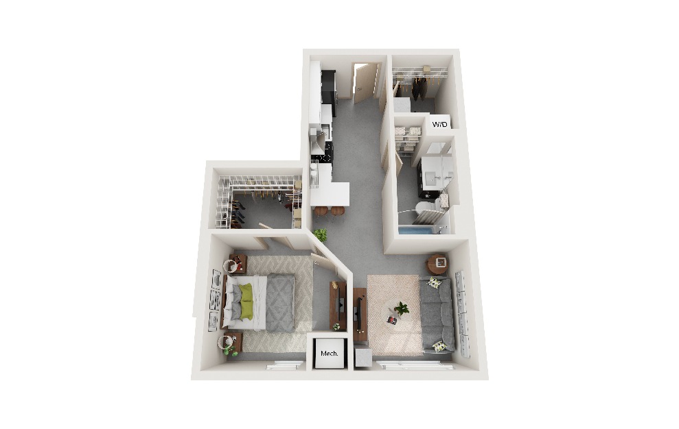 BB - 1 bedroom floorplan layout with 1 bath and 591 square feet. (3D)