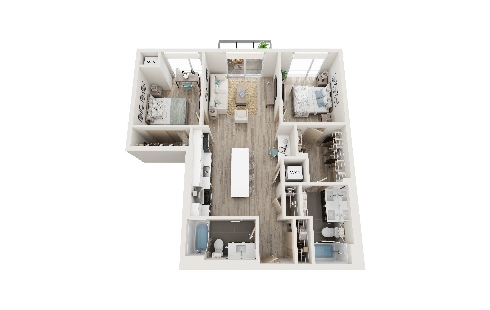 C - 2 bedroom floorplan layout with 2 baths and 987 square feet. (3D)