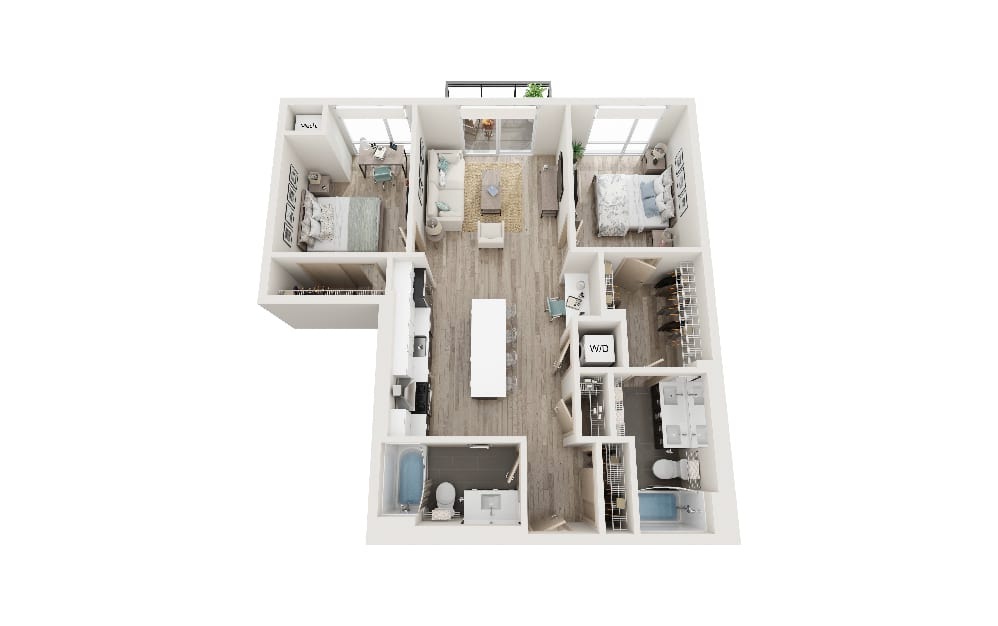 C - 2 bedroom floorplan layout with 2 bathrooms and 987 square feet (3D)