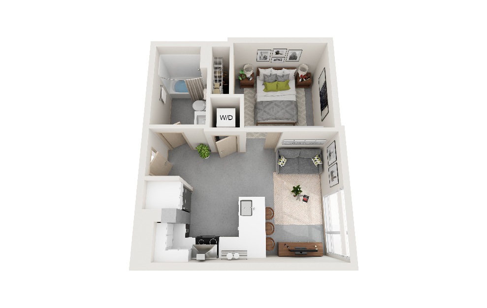 CC - 1 bedroom floorplan layout with 1 bath and 482 square feet. (3D)