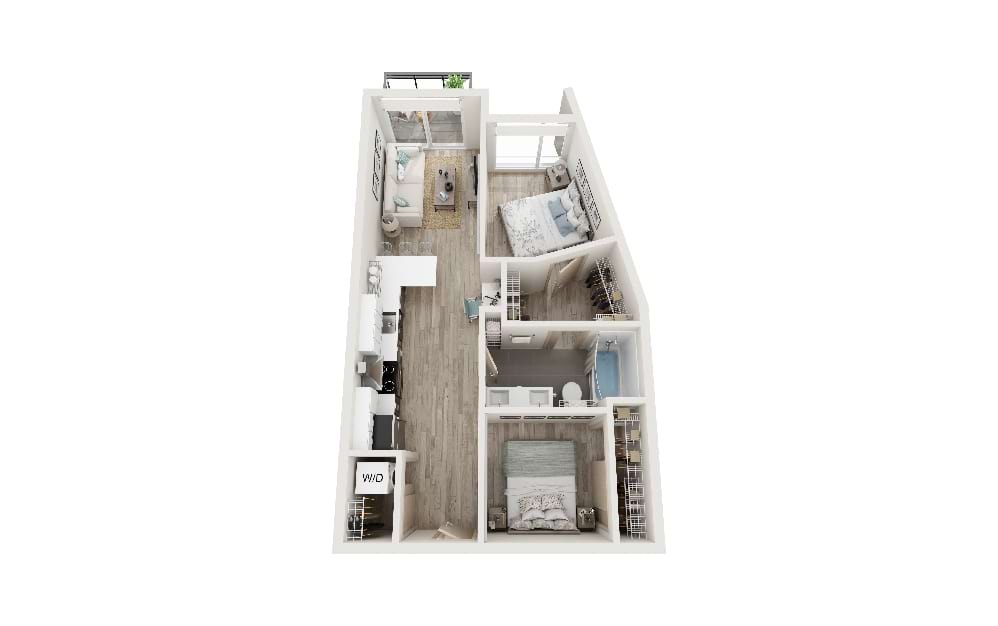 D - 2 bedroom floorplan layout with 1 bathroom and 649 square feet (3D)