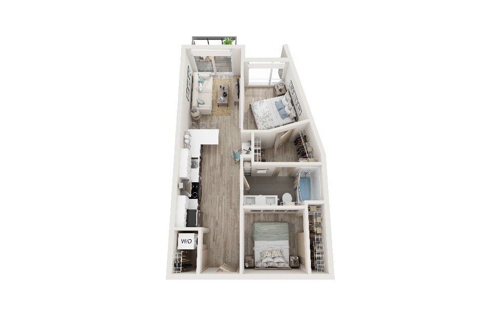 D - 2 bedroom floorplan layout with 1 bath and 649 square feet. (3D)