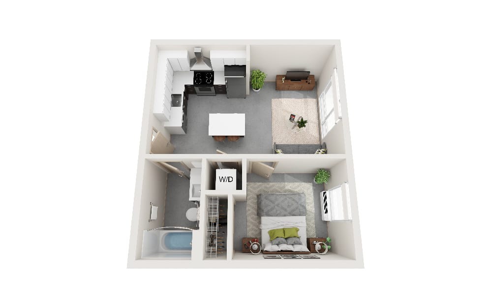 DD - 1 bedroom floorplan layout with 1 bathroom and 470 square feet (3D)