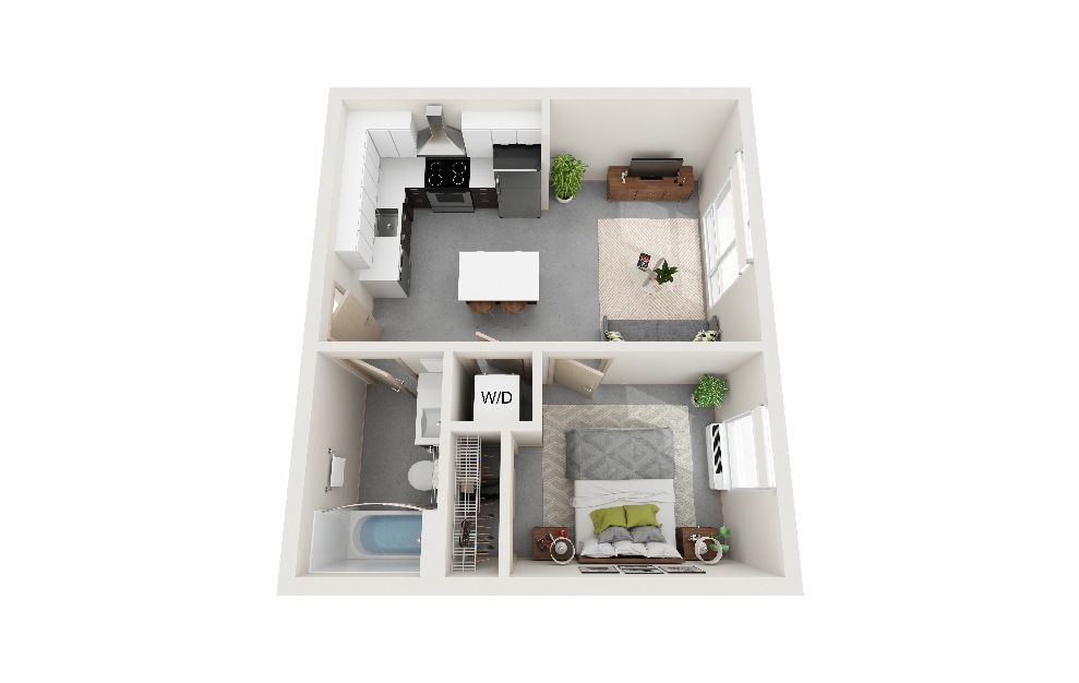 DD - 1 bedroom floorplan layout with 1 bath and 470 square feet. (3D)