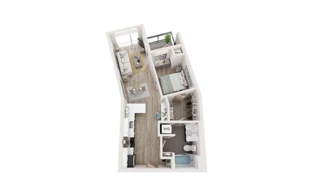 E - 1 bedroom floorplan layout with 1 bathroom and 608 square feet (3D)