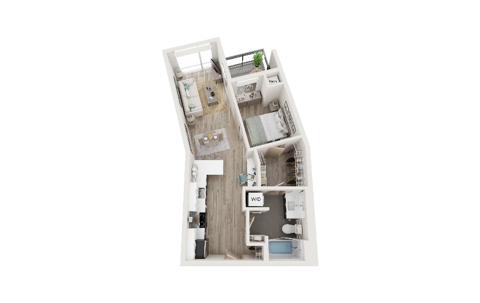 E - 1 bedroom floorplan layout with 1 bath and 608 square feet. (3D)