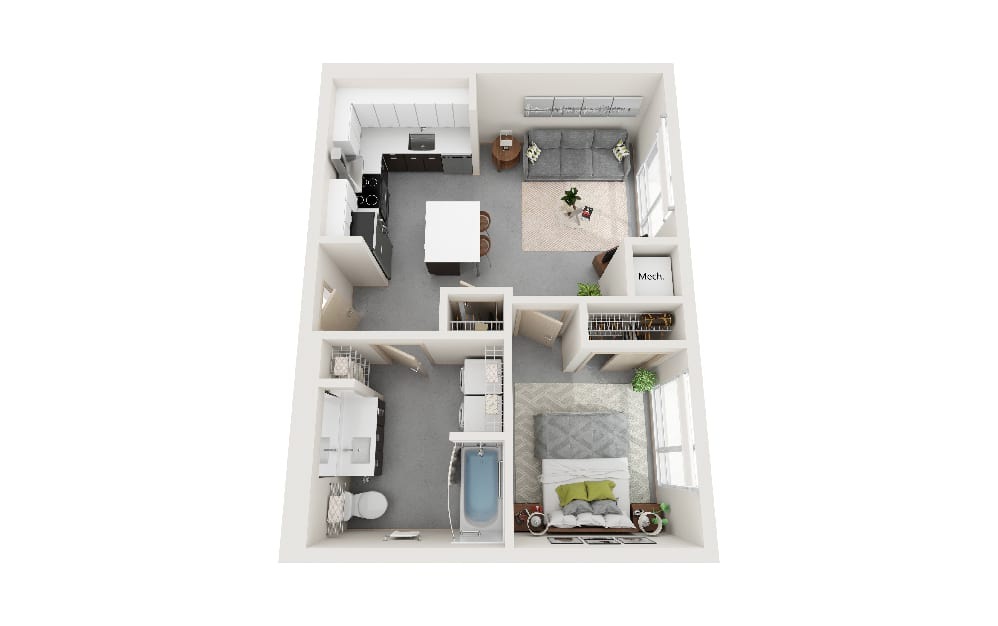 EE - 1 bedroom floorplan layout with 1 bathroom and 555 square feet (3D)