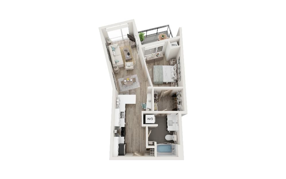 F - 1 bedroom floorplan layout with 1 bathroom and 596 square feet (3D)