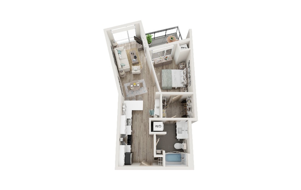 F - 1 bedroom floorplan layout with 1 bath and 596 square feet. (3D)