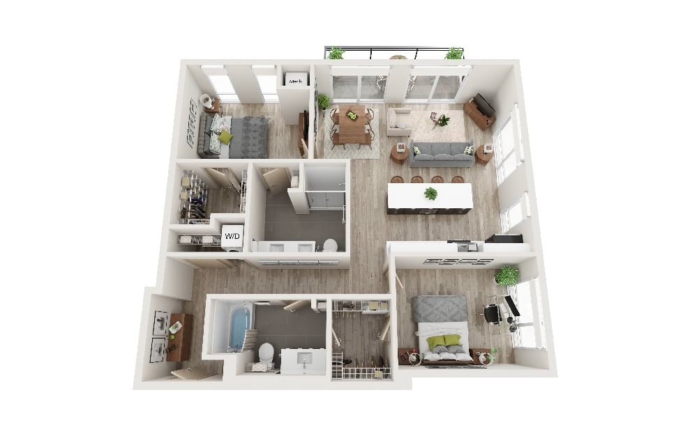 G - 2 bedroom floorplan layout with 2 baths and 1129 square feet. (3D)