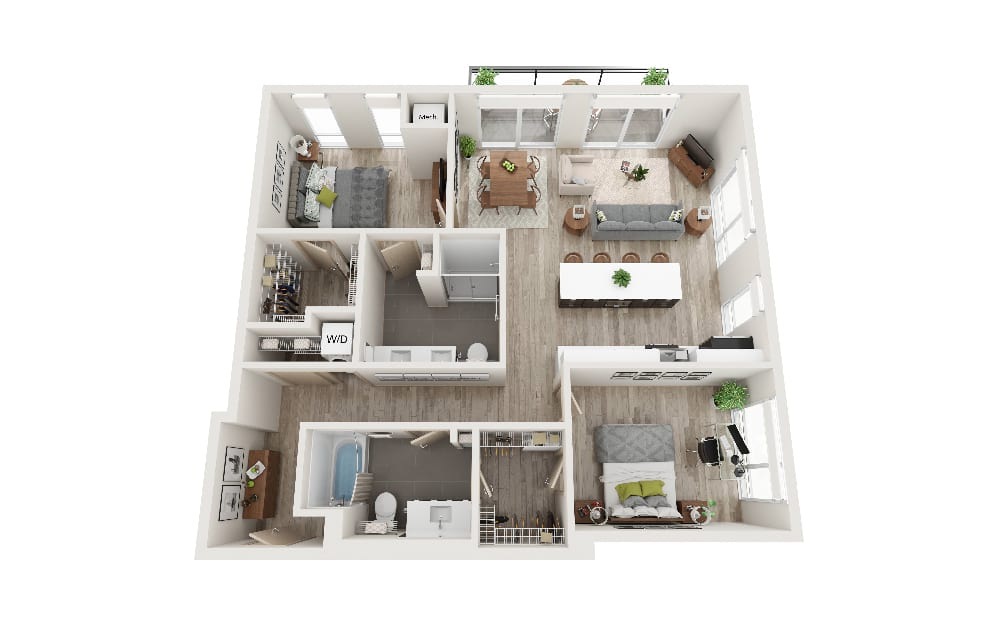 G - 2 bedroom floorplan layout with 2 bathrooms and 1129 square feet (3D)