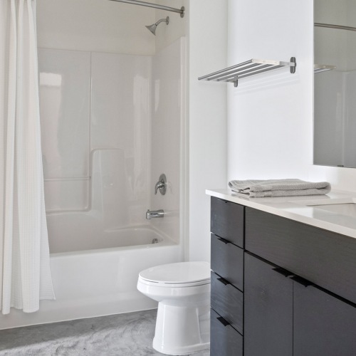 bathroom Large well lit bathroom with large mirror and brown cabinets