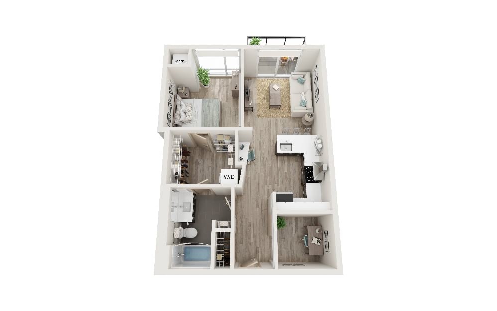 H - 1 bedroom floorplan layout with 1 bathroom and 690 square feet (3D)