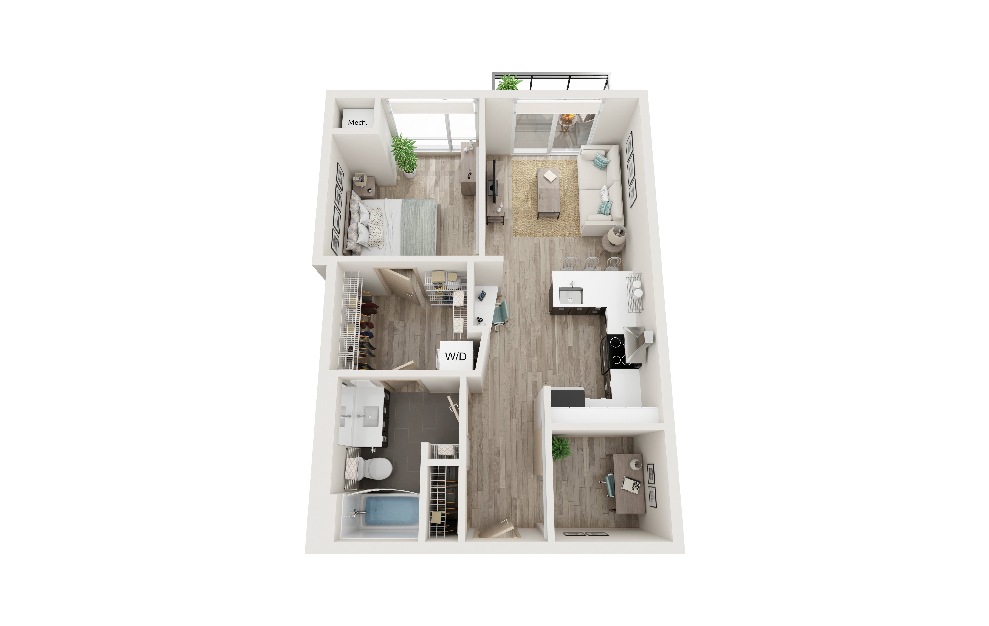 H - 1 bedroom floorplan layout with 1 bath and 690 square feet. (3D)