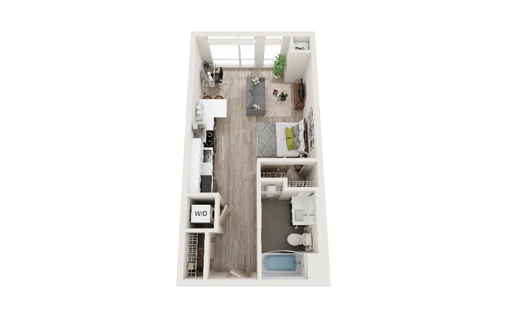 I - Studio floorplan layout with 1 bathroom and 497 square feet (3D)