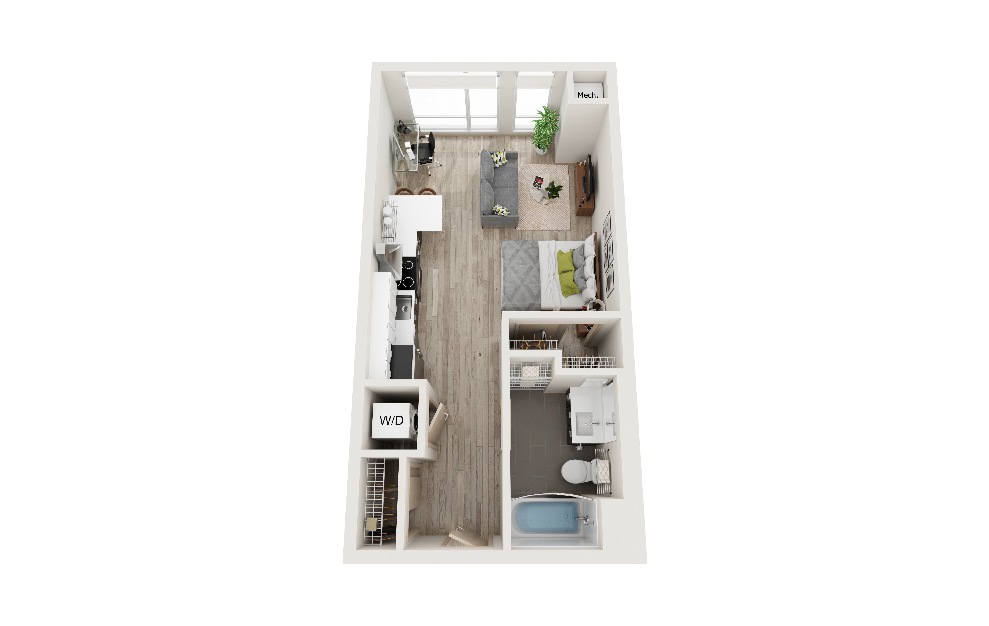 I - Studio floorplan layout with 1 bath and 497 square feet. (3D)