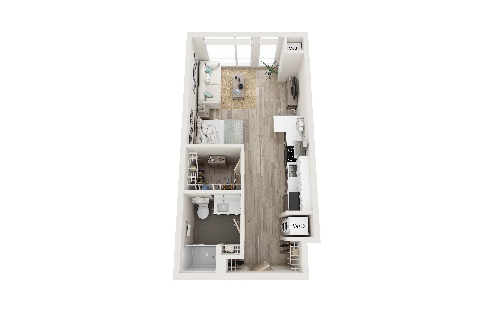 I2 - Studio floorplan layout with 1 bath and 491 square feet. (3D)