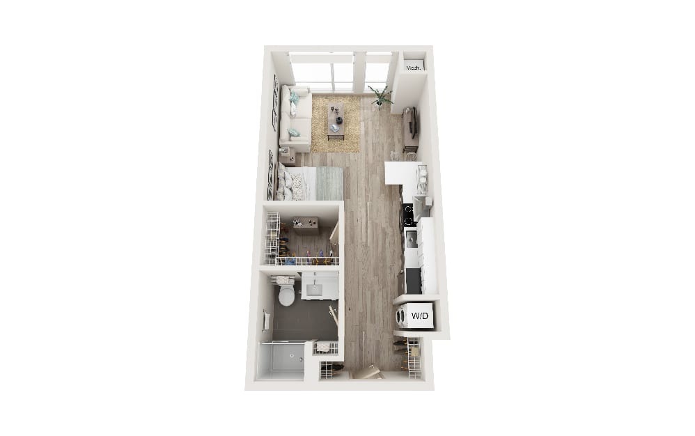 I2 - Studio floorplan layout with 1 bathroom and 491 square feet (3D)