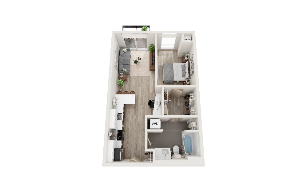 J - 1 bedroom floorplan layout with 1 bathroom and 617 square feet (3D)