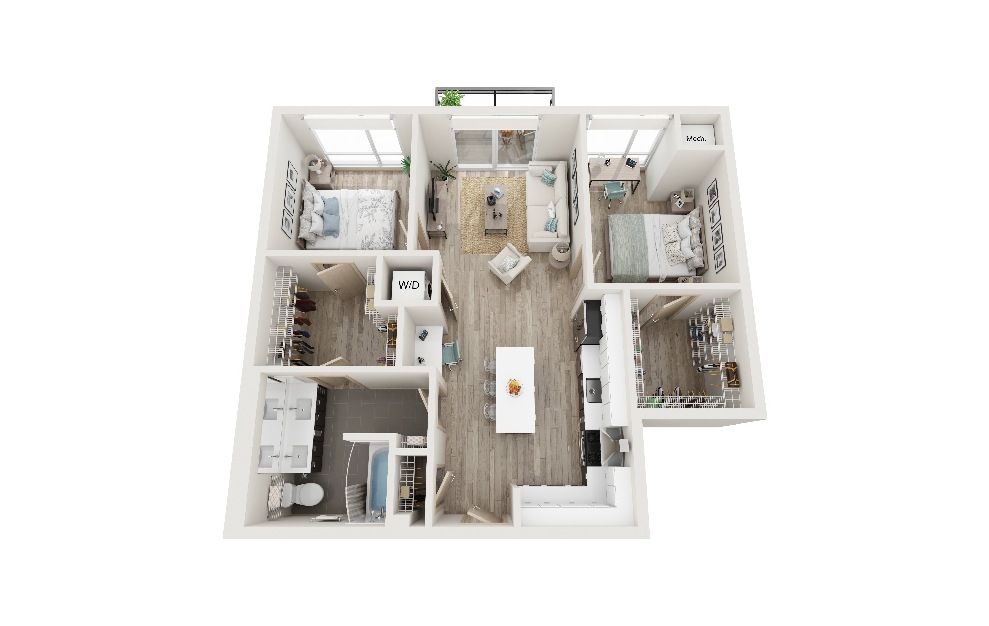 K - 2 bedroom floorplan layout with 1 bath and 860 square feet. (3D)