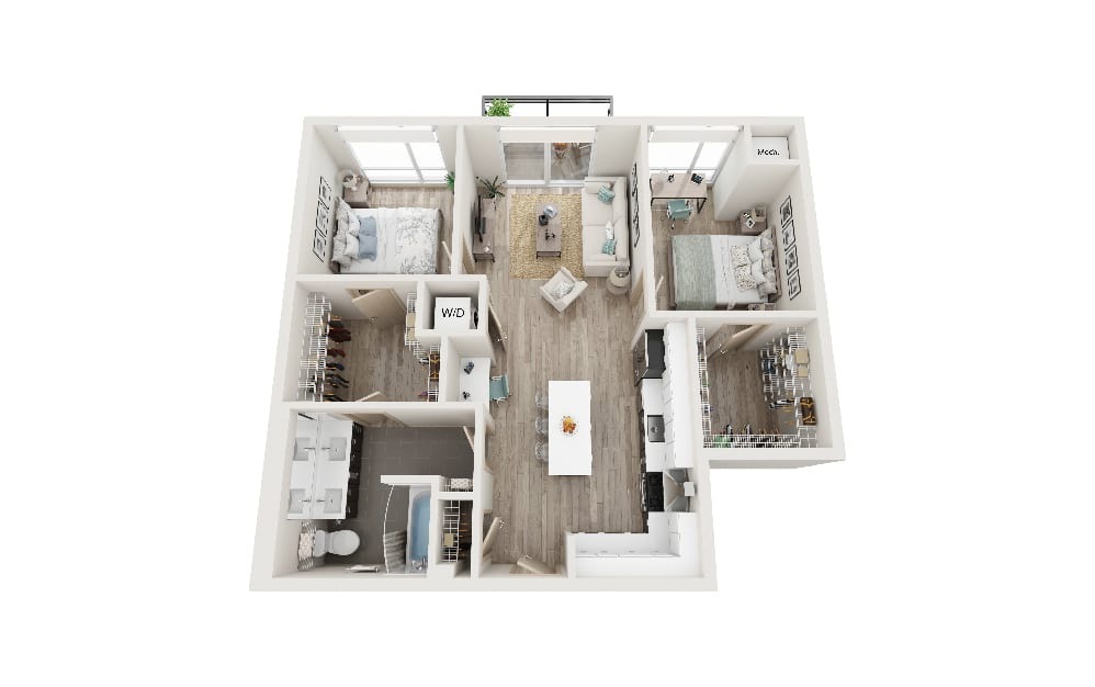 K - 2 bedroom floorplan layout with 1 bathroom and 860 square feet (3D)