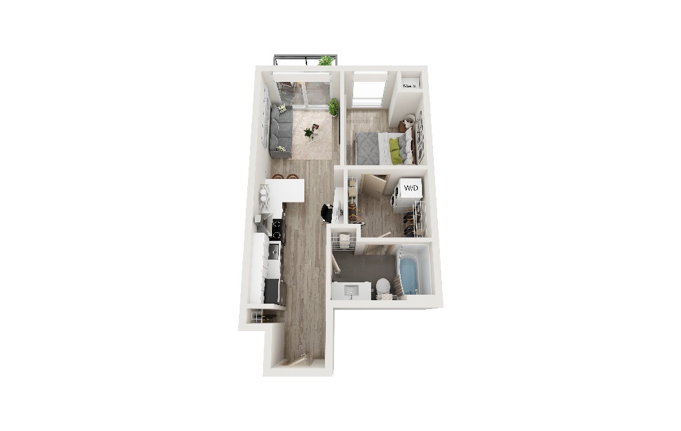 L - 1 bedroom floorplan layout with 1 bath and 498 square feet. (3D)