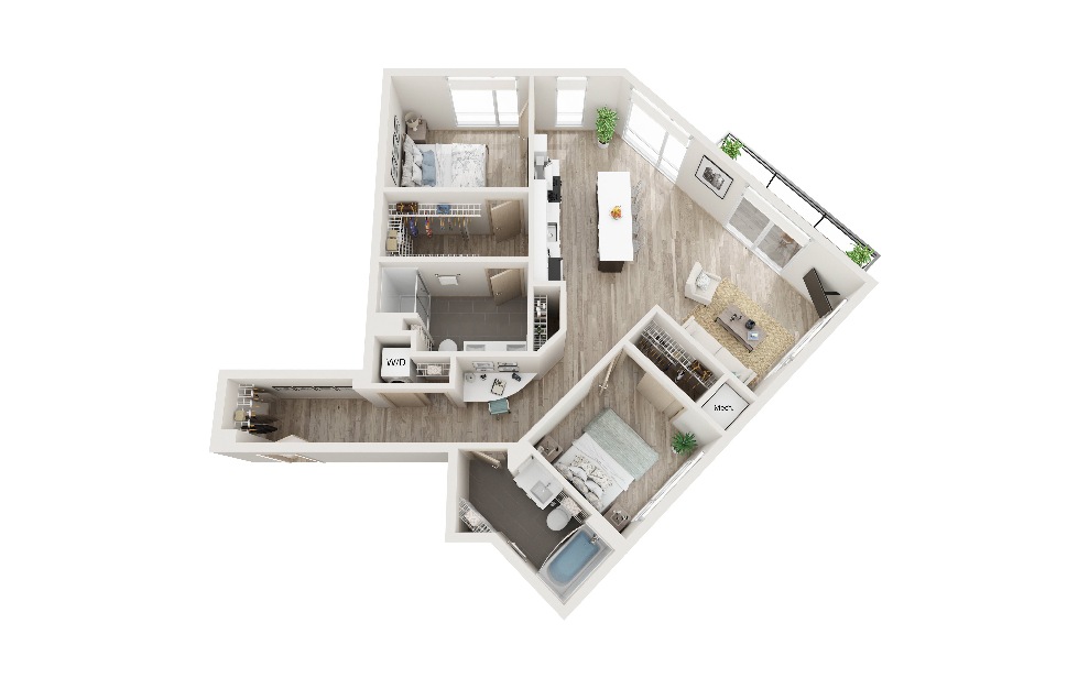 M - 2 bedroom floorplan layout with 2 baths and 1069 square feet. (3D)