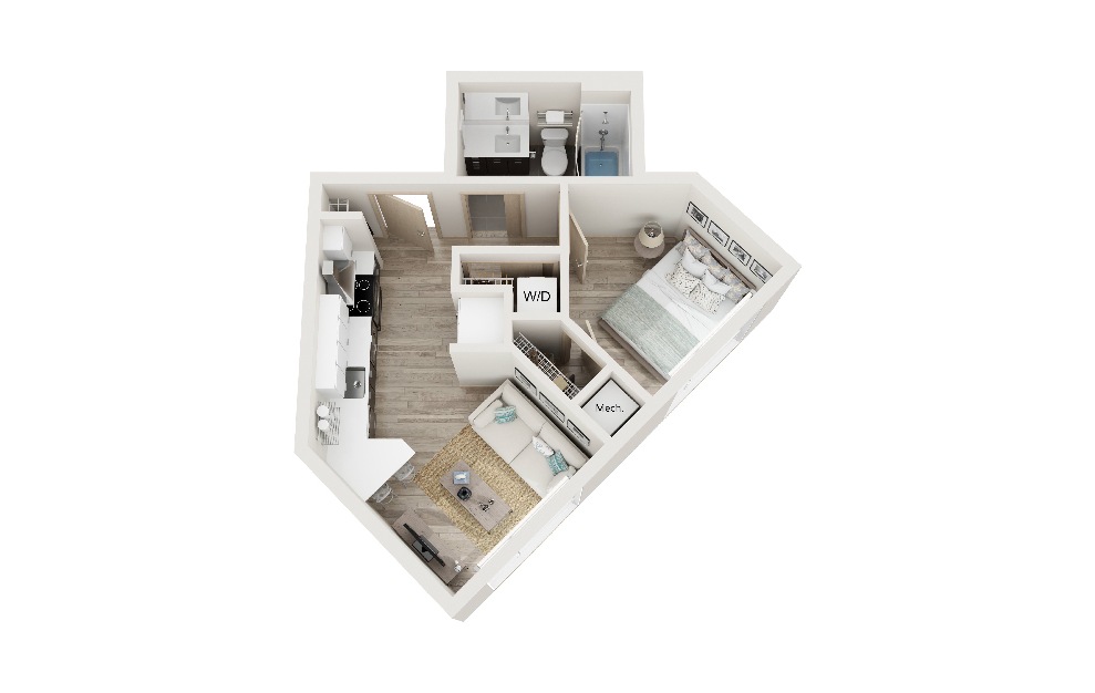 N - 1 bedroom floorplan layout with 1 bath and 414 square feet. (3D)