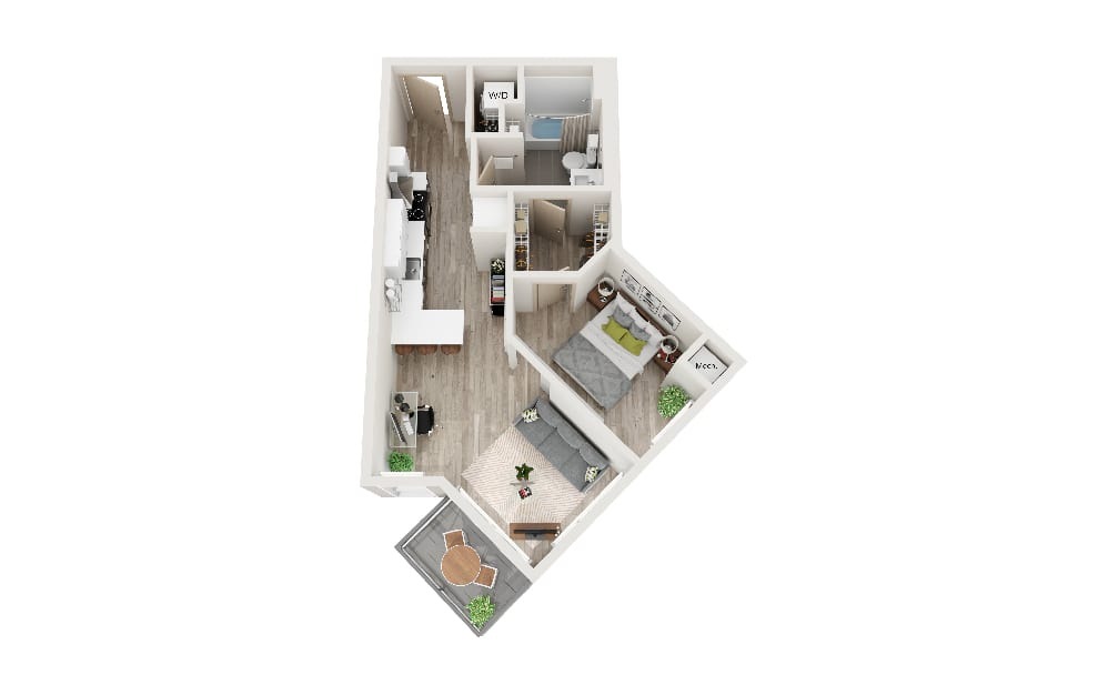 O - 1 bedroom floorplan layout with 1 bathroom and 581 square feet (3D)