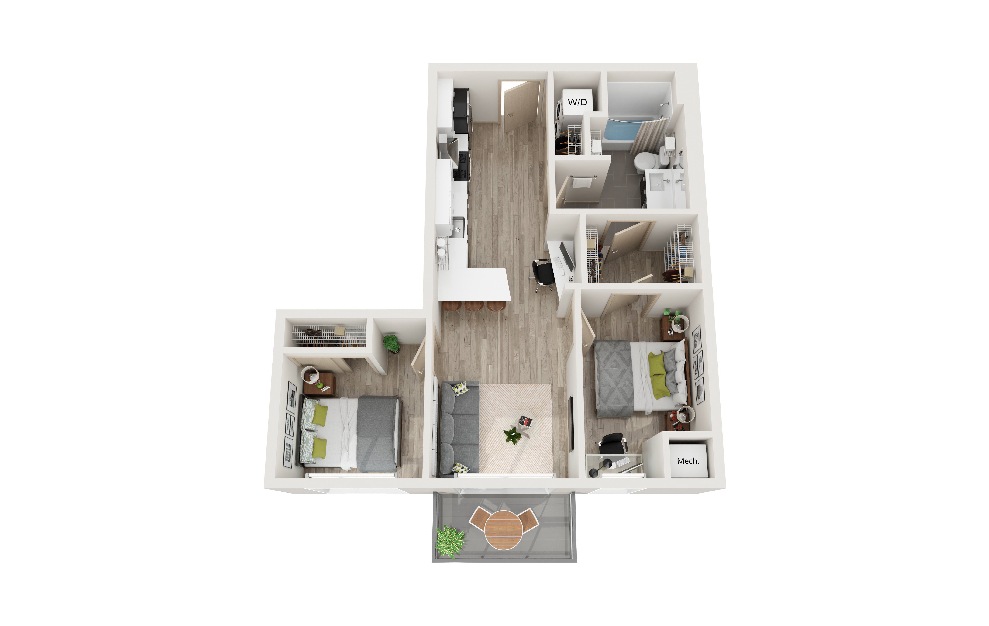 P - 2 bedroom floorplan layout with 1 bath and 696 square feet. (3D)