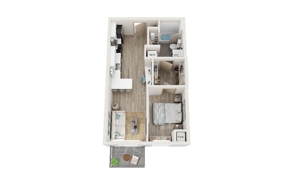 Q - 1 bedroom floorplan layout with 1 bath and 553 square feet. (3D)