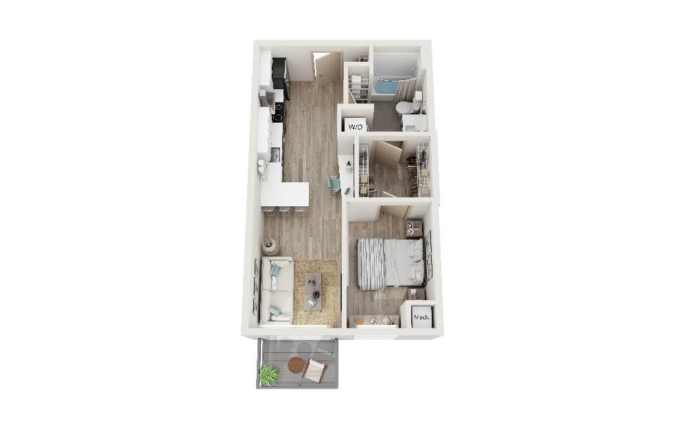 Q - 1 bedroom floorplan layout with 1 bathroom and 553 square feet (3D)