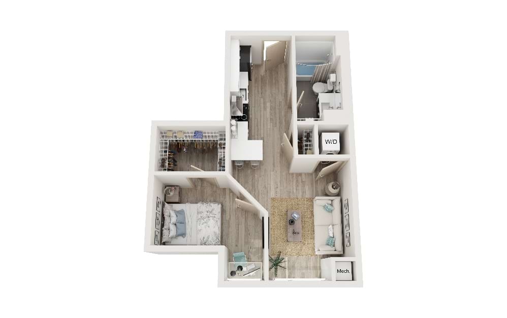 R - 1 bedroom floorplan layout with 1 bathroom and 562 square feet (3D)