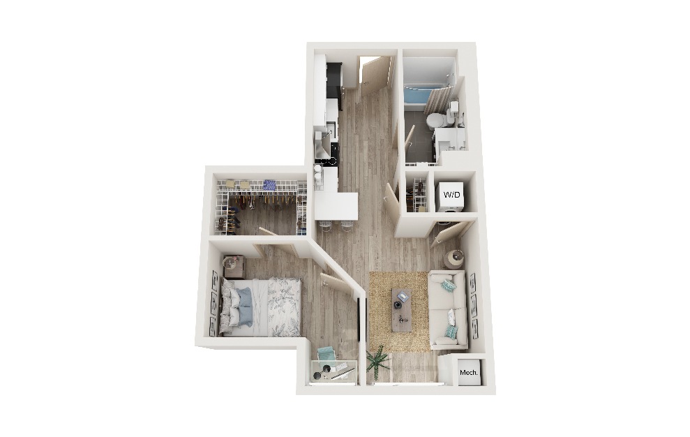 R - 1 bedroom floorplan layout with 1 bath and 562 square feet. (3D)