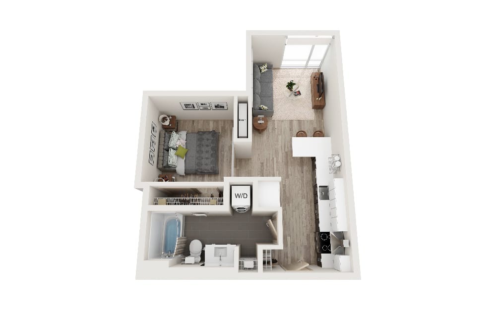 S - 1 bedroom floorplan layout with 1 bathroom and 553 square feet (3D)