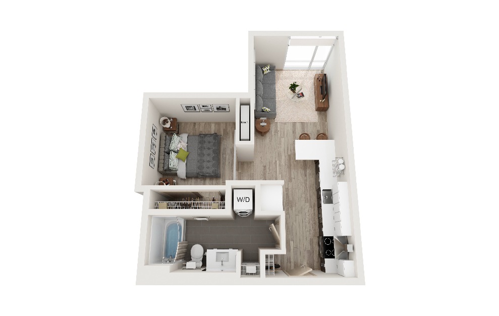 S - 1 bedroom floorplan layout with 1 bath and 553 square feet. (3D)