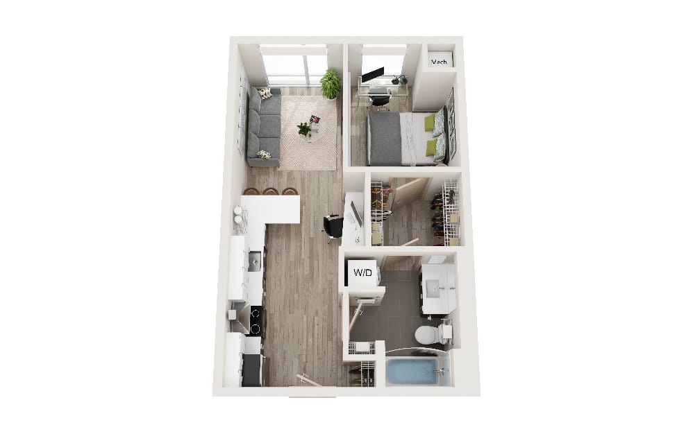 T - 1 bedroom floorplan layout with 1 bathroom and 530 square feet (3D)