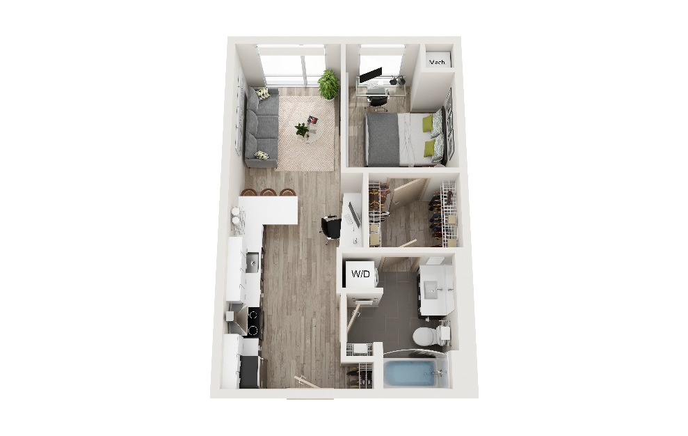 T - 1 bedroom floorplan layout with 1 bath and 530 square feet. (3D)