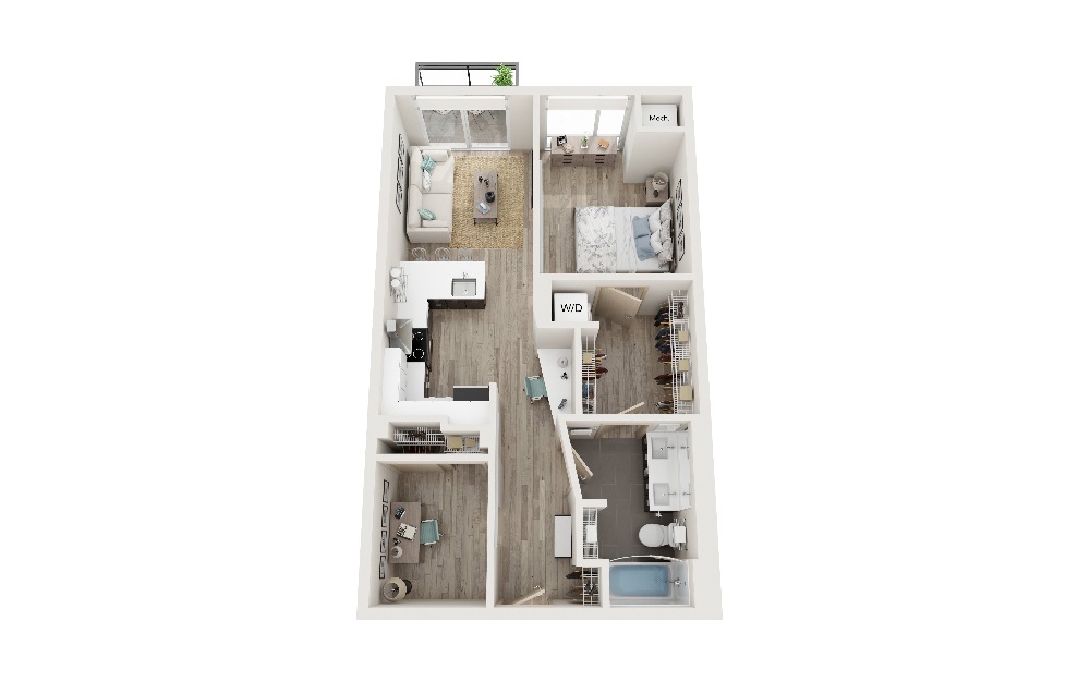 U - 1 bedroom floorplan layout with 1 bath and 714 square feet. (3D)