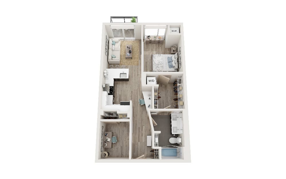 U - 1 bedroom floorplan layout with 1 bathroom and 714 square feet (3D)