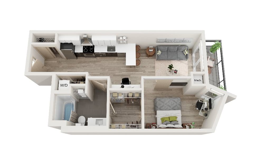 V - 1 bedroom floorplan layout with 1 bath and 634 square feet. (3D)