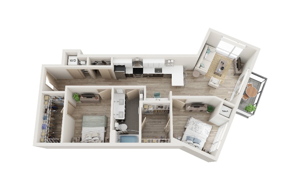W - 2 bedroom floorplan layout with 1 bath and 919 square feet. (3D)