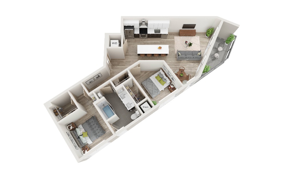 X - 2 bedroom floorplan layout with 1 bath and 893 square feet. (3D)