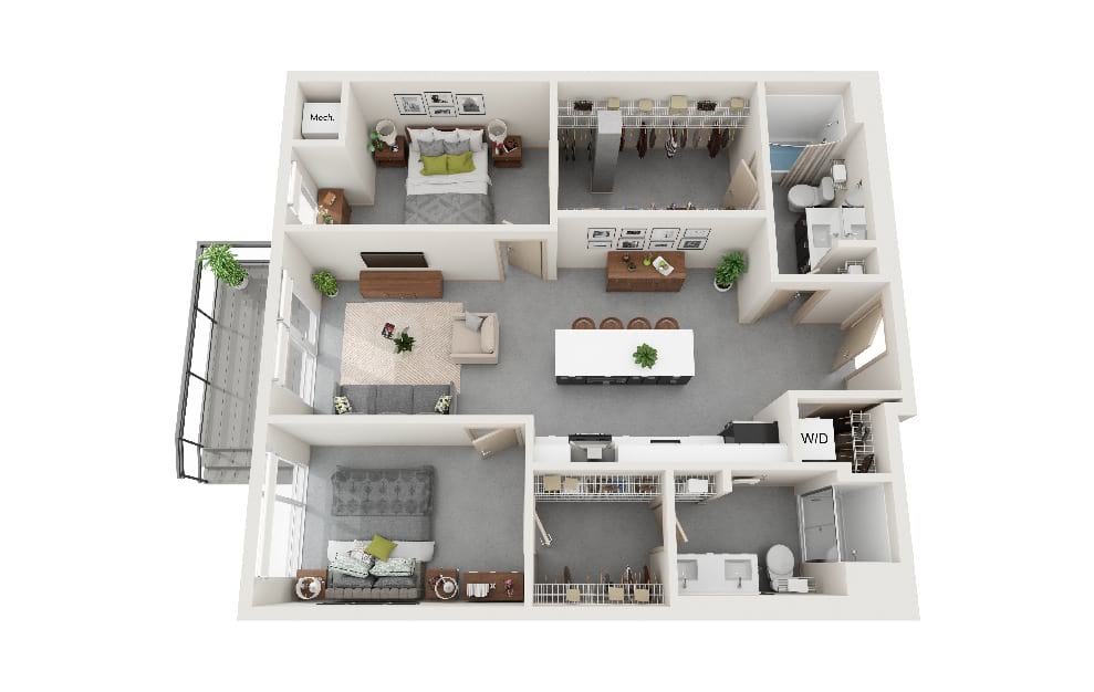 Y - 2 bedroom floorplan layout with 2 baths and 1001 square feet. (3D)